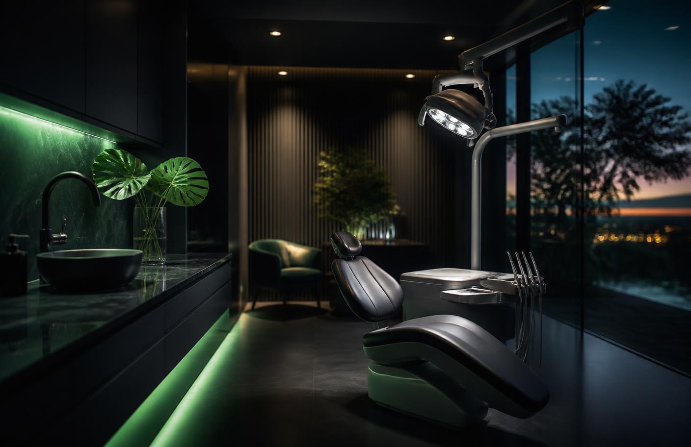 Modern private dental practice treatment room at dusk