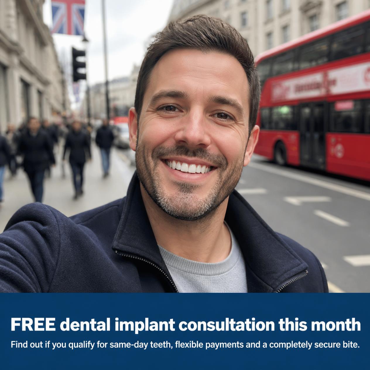 Square advert layout with a portrait above a solid banner carrying a consultation offer.